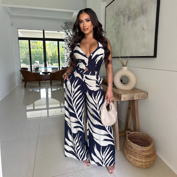 Printed neck tie top, wide leg pants two-piece set