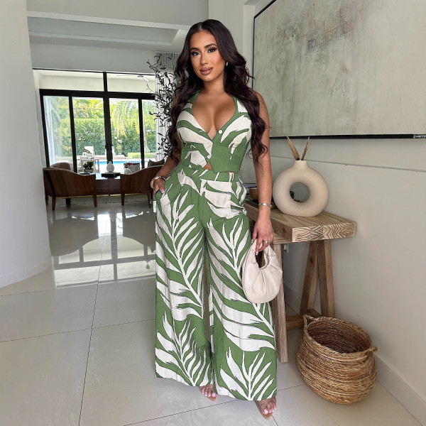 Printed neck tie top, wide leg pants two-piece set