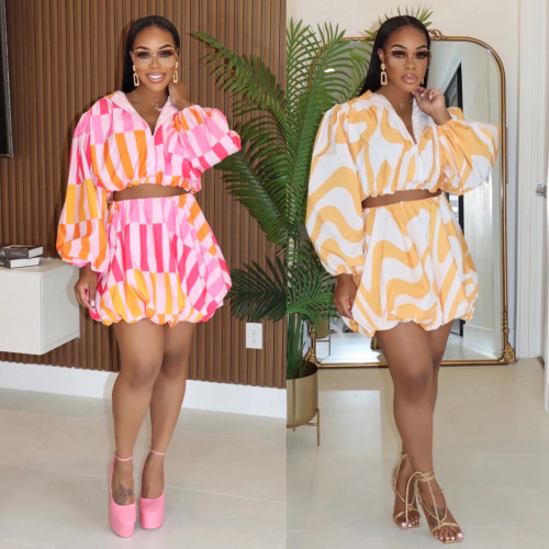 Bubble sleeve short shirt high waisted short skirt set