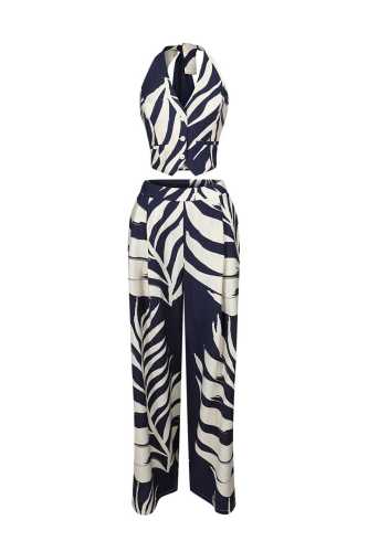 Printed neck tie top, wide leg pants two-piece set