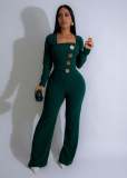 Splicing large button long sleeved sports jumpsuit