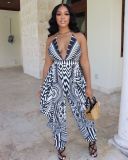 Low cut V-neck strap positioning printed jumpsuit