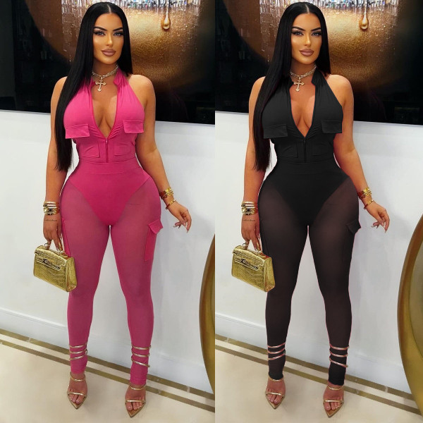 Deep V-neck sleeveless tight fitting vest pocket workwear pants two-piece set