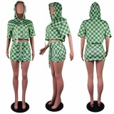 Checkered print hooded short skirt set