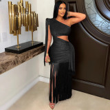 Asymmetric one shoulder tassel long skirt
