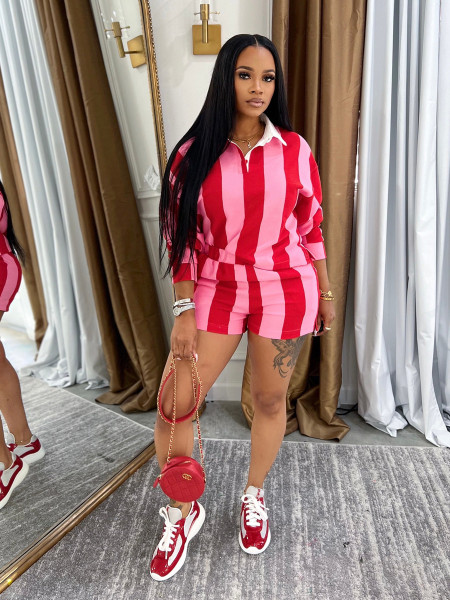 Striped collar top high waisted shorts set TW686