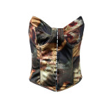 Color blocking backless camisole with strap, steel ring, fishbone vest