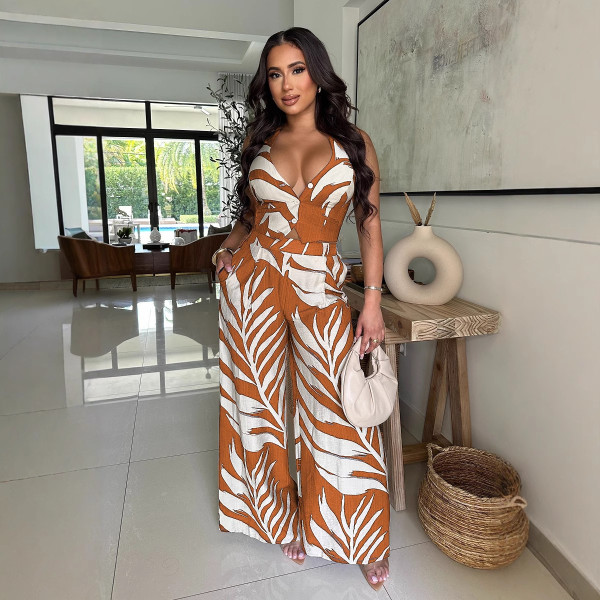 Printed neck tie top, wide leg pants two-piece set