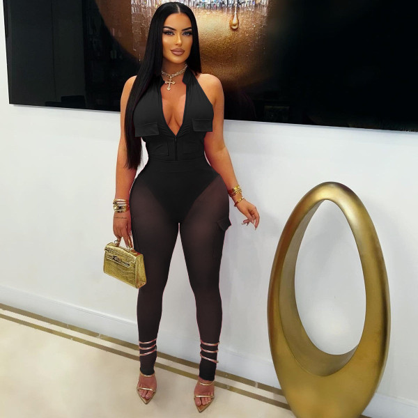 Deep V-neck sleeveless tight fitting vest pocket workwear pants two-piece set