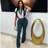 Short sleeved waist cinching patchwork contrasting jumpsuit