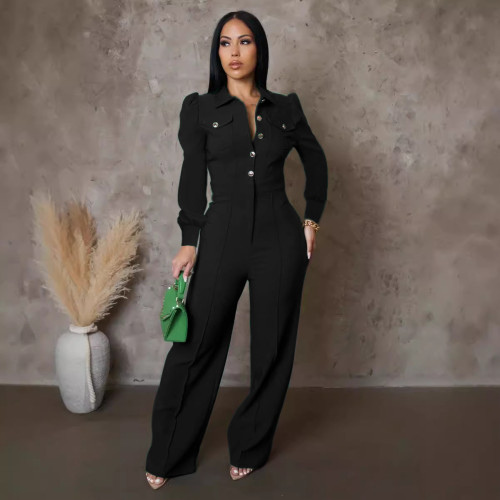 Spliced long sleeved sports jumpsuit