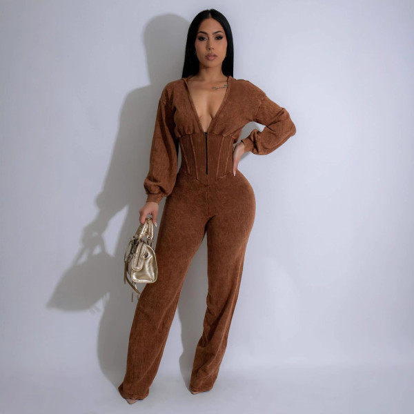 Splicing V-neck long sleeved sports jumpsuit
