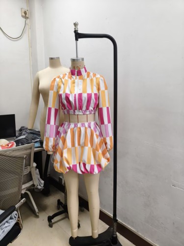 Bubble sleeve short shirt high waisted short skirt set