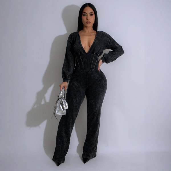 Splicing V-neck long sleeved sports jumpsuit