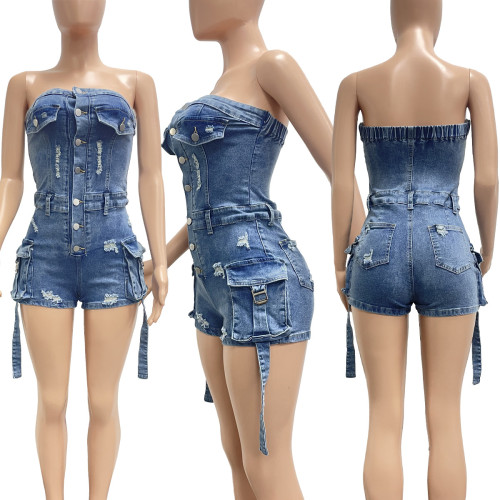 Strapless high elasticity three-dimensional pocket washed denim jumpsuit