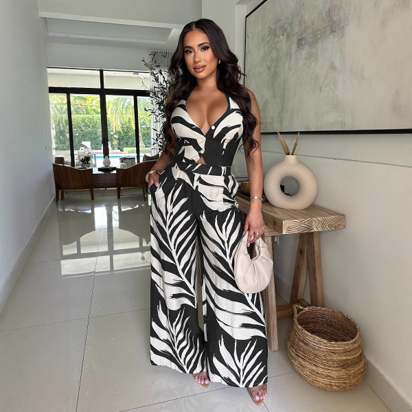 Printed neck tie top, wide leg pants two-piece set