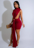 Slit solid color dress sleeveless hip hugging dress