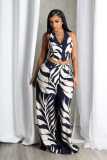 Printed neck tie top, wide leg pants two-piece set