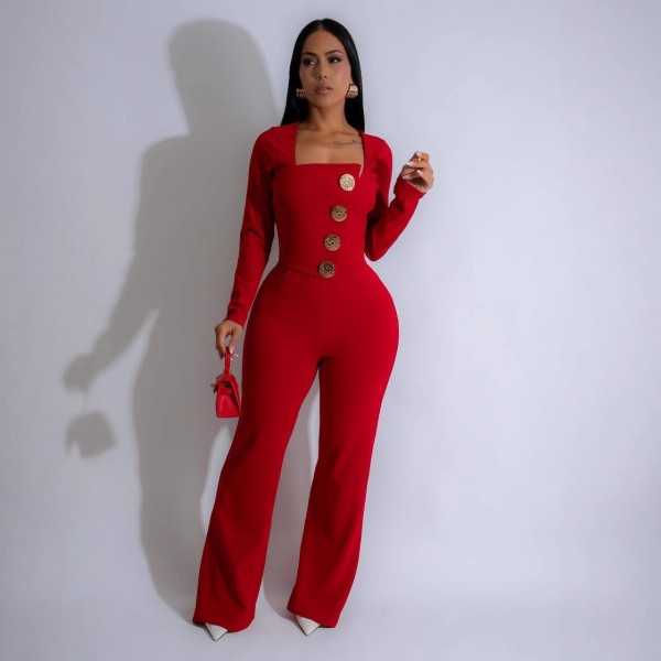 Splicing large button long sleeved sports jumpsuit