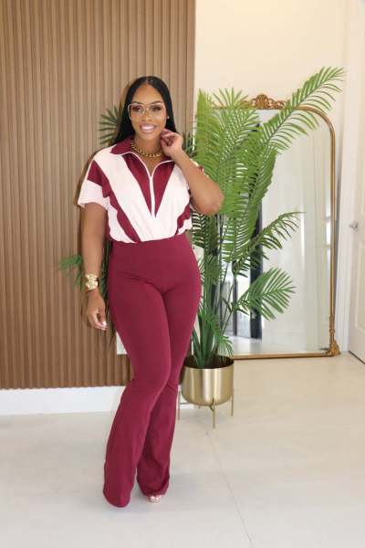 Short sleeved waist cinching patchwork contrasting jumpsuit