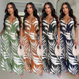 Printed neck tie top, wide leg pants two-piece set