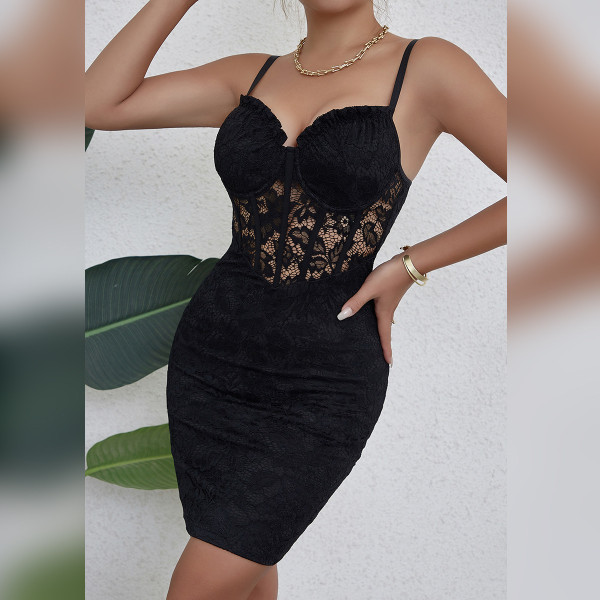 Deep V low cut bag hip skirt with hollowed out lace patchwork dress