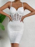 Deep V low cut bag hip skirt with hollowed out lace patchwork dress