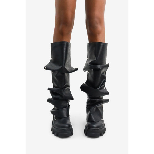 Large high heels, thick heels, round toe metal rivets, knee high boots