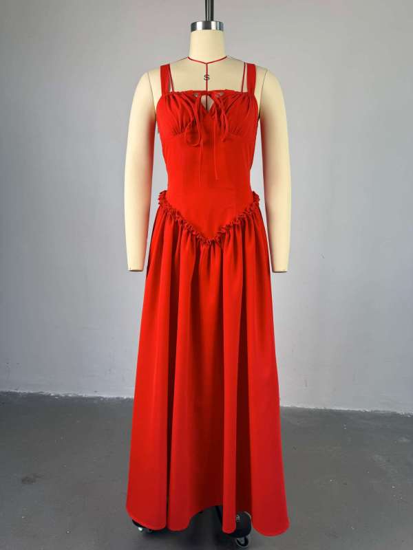 Lace up V-neck high waisted A-line jumpsuit long dress