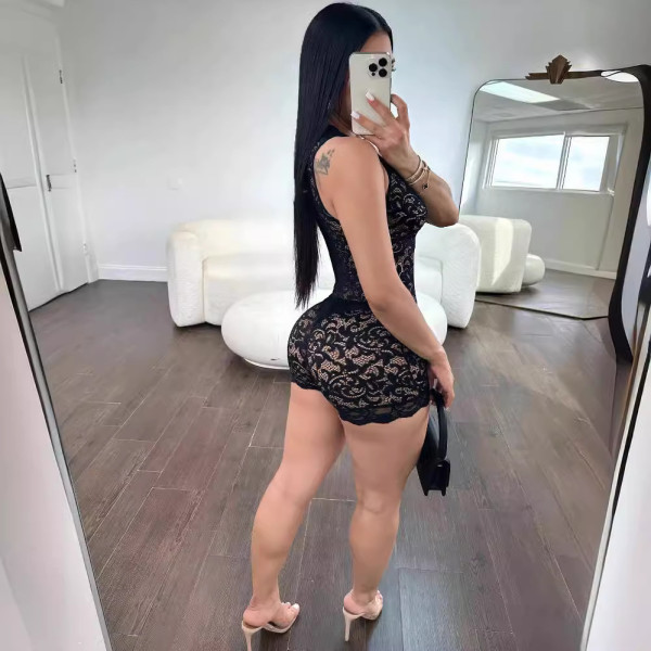 Lace see through sleeveless waist hollow out U-neck jumpsuit shorts