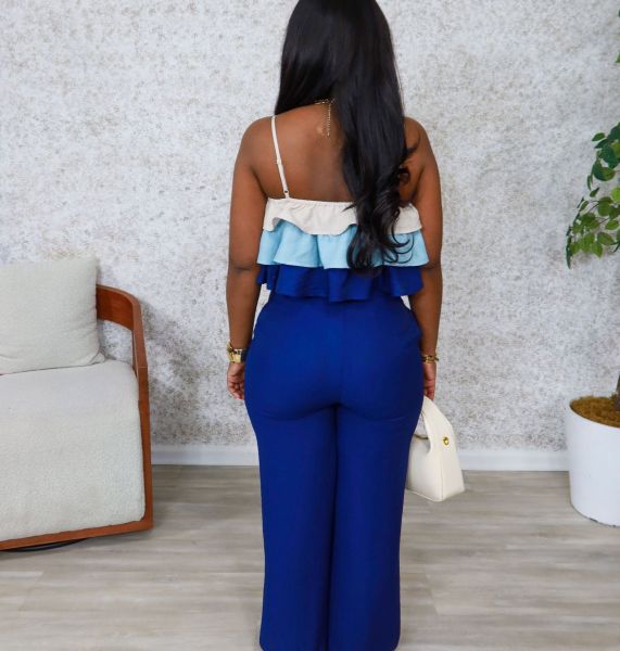 Strap wrapped chest ruffle top, high waisted pants set