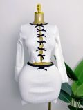 Bow Round Neck Long Sleeve Knitted Shirt High Waist Skirt Set