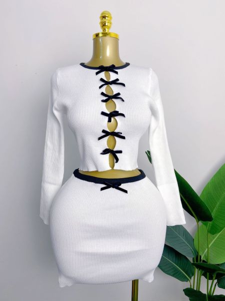 Bow Round Neck Long Sleeve Knitted Shirt High Waist Skirt Set