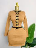 Bow Round Neck Long Sleeve Knitted Shirt High Waist Skirt Set