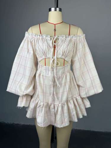 Printed one shoulder hollow lace lantern sleeve dress