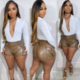 Elastic shorts with hip hugging PU leather pants