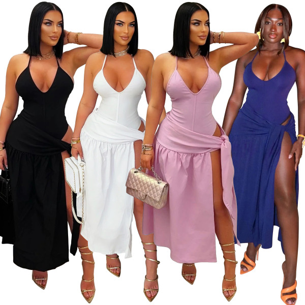 Lace up slit skirt set