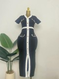 V-neck slim fit contrasting knitted long skirt