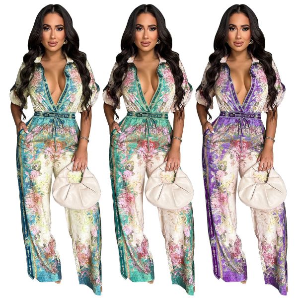 V-neck retro printed jumpsuit