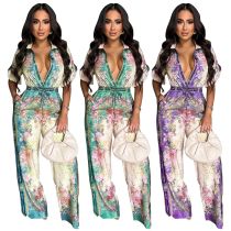 V-neck retro printed jumpsuit V-neck retro printed jumpsuit