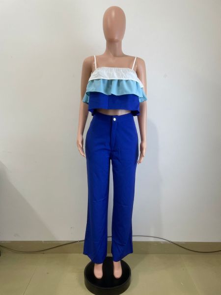 Strap wrapped chest ruffle top, high waisted pants set