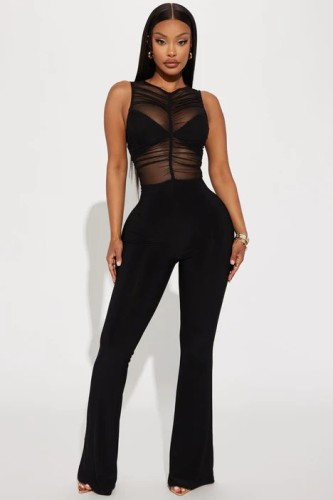 Perspective mesh splicing sleeveless slightly flared high waisted jumpsuit
