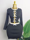Bow Round Neck Long Sleeve Knitted Shirt High Waist Skirt Set