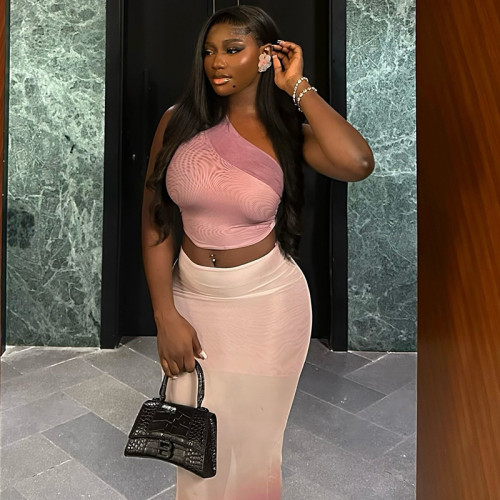 Slant collar micro revealing navel wrapped hip gradient skirt set