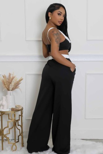 Strap strapless top, color blocked wide leg pants set