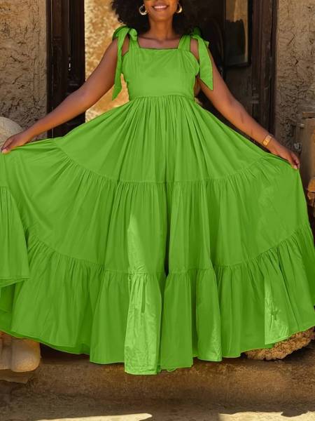 Bow tie tied long waist cinching suspender dress