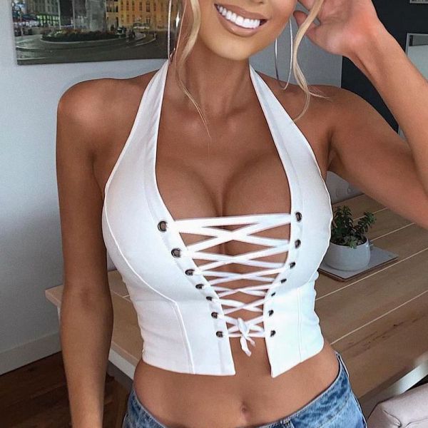 Hanging neck, exposed back, lace up short PU vest