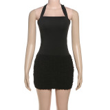 Hanging neck strap, exposed back, spliced waist bag, hip skirt