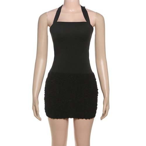 Hanging neck strap, exposed back, spliced waist bag, hip skirt