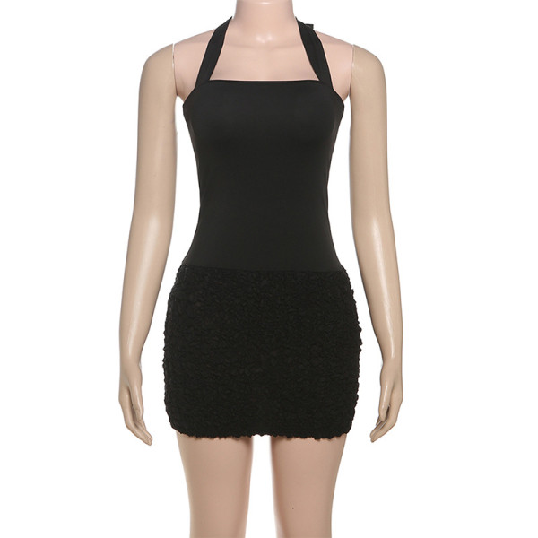 Hanging neck strap, exposed back, spliced waist bag, hip skirt